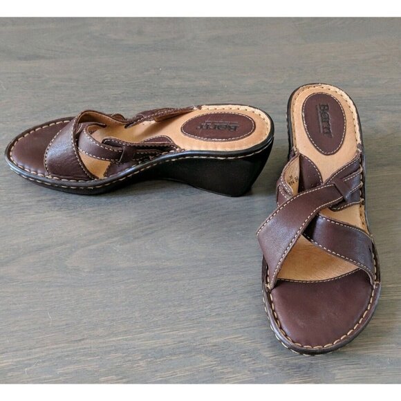 Medium Shoes - Born 8M Brown Leather Criss Cross Straps Slip On Platform Wedge Slides Sandals